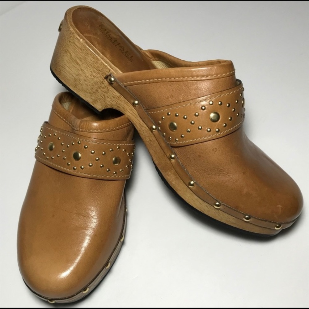 Michael Kors Gold Studded Leather Wooden Clogs Boho Light Brown
